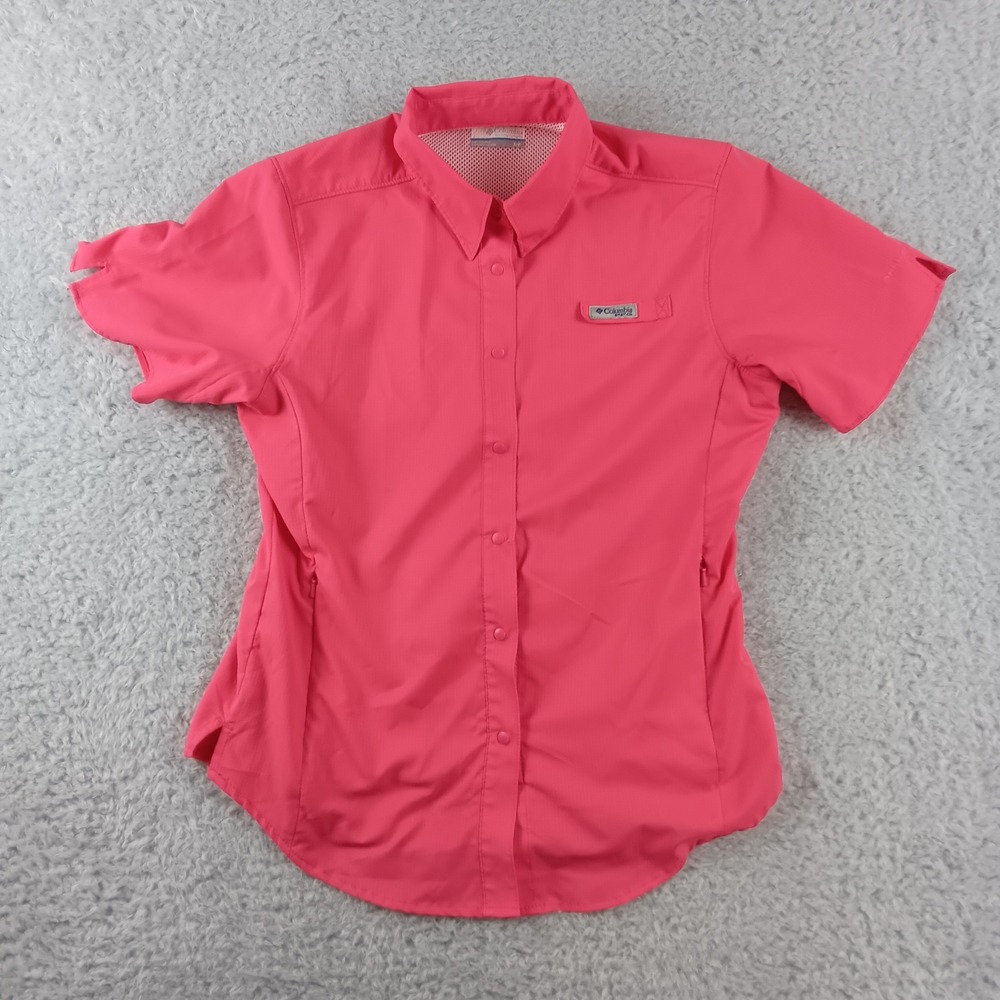 Columbia PFG Fishing Shirt Womens S, Pink/coral, Short Sleeve Snap Front Vented